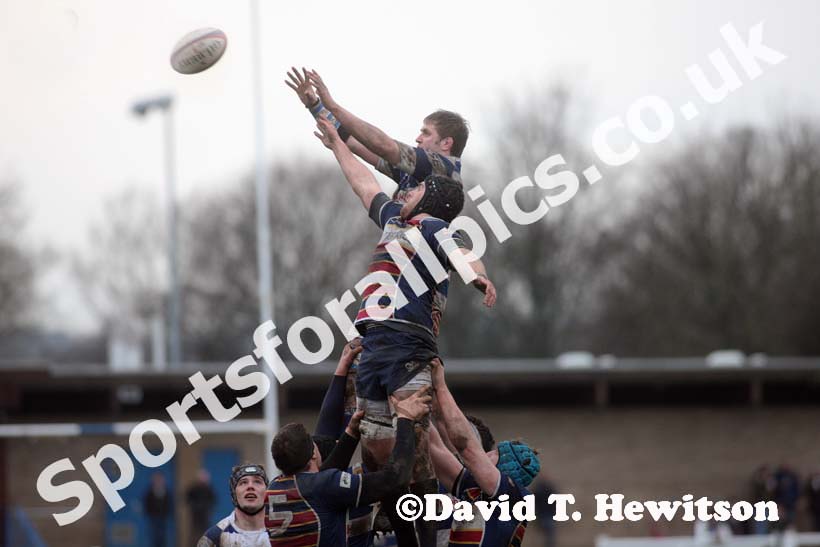 Tynedale's Graeme Dunn wins the line-out against Old Albanians. Photo: David T. Hewitson/Sports for All Pics